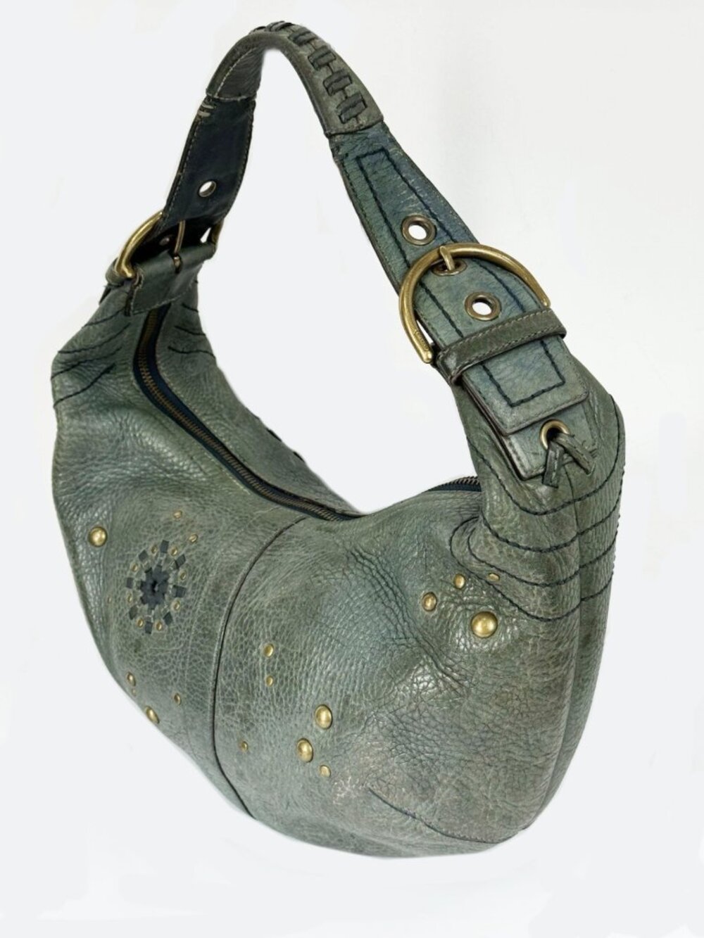 Vintage Rare 65th Anniversary Coach Blue Leather Gold Stud Hobo Bag 'Mia' - Picture 3 of 9